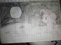 Size: 3968x2976 | Tagged: safe, artist:pashkek, pinkie pie, earth pony, pony, comic:friendless moon, g4, blue eyes, earth, graph paper, high res, moon, singing, solo, space, text, traditional art