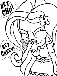 Size: 774x1033 | Tagged: safe, artist:proponypal, fluttershy, human, equestria girls, g4, black and white, breasts, eyes closed, fetish, grayscale, monochrome, simple background, sneezing, sneezing fetish, solo, speech bubble, tissue, white background