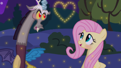 Size: 1280x720 | Tagged: safe, artist:mlplary6, discord, fluttershy, draconequus, firefly (insect), insect, pegasus, pony, g4, blushing, female, heart, male, mare, ship:discoshy, shipping, smiling, straight