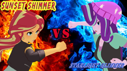 Size: 1920x1080 | Tagged: safe, starlight glimmer, sunset shimmer, equestria girls, g4, 3d, fight, fighting stance, fire, mmd, pose, sunset vs starlight, vs, yakuza