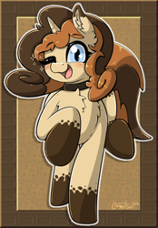 Size: 940x1348 | Tagged: safe, artist:llametsul, oc, oc only, oc:creme cookie, pony, unicorn, blushing, chest fluff, choker, cute, ear fluff, female, freckles, looking at you, mare, one eye closed, raised hoof, smiling, smiling at you, solo, wink, winking at you
