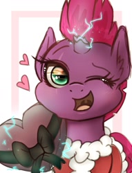 Size: 1529x1998 | Tagged: safe, artist:phoenixrk49, fizzlepop berrytwist, tempest shadow, pony, unicorn, g4, broken horn, christmas, clothes, costume, cute, eye reflection, female, heart, holiday, horn, looking at you, mare, one eye closed, open mouth, open smile, reflection, ribbon, santa costume, smiling, smiling at you, solo, tempestbetes, wink, winking at you