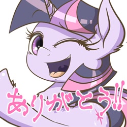 Size: 1000x1000 | Tagged: safe, artist:phoenixrk49, twilight sparkle, pony, unicorn, g4, female, horn, japanese, looking at you, mare, one eye closed, open mouth, open smile, smiling, smiling at you, solo, unicorn twilight, wink, winking at you