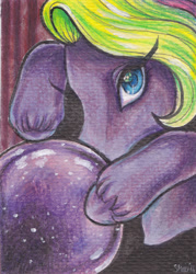 Size: 1024x1431 | Tagged: safe, artist:shaiyeh, princess crystal, earth pony, pony, g2, crystal ball, eyelashes, female, looking at you, mare, signature, solo, traditional art, unshorn fetlocks, watercolor painting