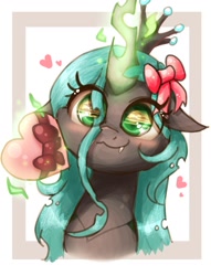 Size: 1529x1998 | Tagged: safe, artist:phoenixrk49, queen chrysalis, changeling, changeling queen, g4, :3, bow, bust, cute, cutealis, eye clipping through hair, eye reflection, female, hair bow, heart, looking at you, magic, magic aura, mare, reflection, ribbon, smiling, solo, telekinesis