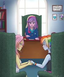 Size: 2500x3000 | Tagged: safe, artist:silbersternenlicht, dean cadance, fluttershy, princess cadance, princess flurry heart, rainbow dash, equestria girls, g4, blushing, commissioner:beanzoboy, female, high res, holding hands, lesbian, looking at each other, looking at someone, office, ship:flutterdash, shipping, smiling