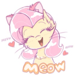 Size: 961x961 | Tagged: safe, artist:phoenixrk49, fluttershy, pegasus, pony, g4, bust, cat ears, chest fluff, cute, ear fluff, eyes closed, female, floating heart, heart, mare, meow, open mouth, open smile, shyabetes, simple background, smiling, solo, whiskers, white background