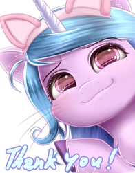 Size: 1155x1473 | Tagged: safe, artist:phoenixrk49, izzy moonbow, pony, unicorn, g5, bust, cat ears, ear fluff, female, horn, looking at you, mare, raised hoof, simple background, smiling, solo, thank you, unshorn fetlocks, whiskers, white background