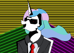 Size: 1400x1000 | Tagged: source needed, safe, artist:str8aura-draws-horses-and-stuff, princess celestia, oc, oc:celestai, fanfic:friendship is optimal, g4, clothes, glasses, max headroom, necktie, neon, red eyes, suit, sunglasses