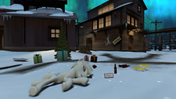 Size: 1280x720 | Tagged: safe, artist:horsesplease, double diamond, earth pony, pony, g4, 3d, alcohol, aurora borealis, bottle, christmas, drunk, gmod, holiday, insanity, laughing, lying down, male, snow, stallion