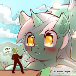 Size: 1200x1200 | Tagged: safe, artist:cold-blooded-twilight, lyra heartstrings, oc, oc:anon, cat, cat pony, human, hybrid, original species, unicorn, g4, blushing, cute, cute little fangs, dialogue, duo, fangs, lyrabetes, macro, slit pupils, smiling, speech bubble, wtf