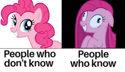 Size: 910x527 | Tagged: safe, artist:mlpfan3991, edit, pinkie pie, earth pony, pony, derpibooru, friendship is magic, g4, party of one, creepy, female, insanity, juxtaposition, looking at you, mare, meme, meta, mr. incredible becoming uncanny, pinkamena diane pie, pinkie pie becoming uncanny, ponified meme, scary, smiling, those who don't know, uncanny valley, vector