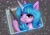 Size: 2480x1748 | Tagged: safe, artist:lailyren, izzy moonbow, pony, unicorn, g5, :3, breaking the fourth wall, female, graphics tablet, looking at you, mare, signature, smiling, solo, stylus, unshorn fetlocks
