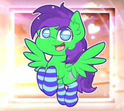 Size: 1920x1725 | Tagged: safe, artist:phoenixrk49, oc, oc only, oc:raulix evergreen, pegasus, pony, clothes, eye clipping through hair, heart, looking at you, male, open mouth, open smile, smiling, smiling at you, socks, solo, spread wings, stallion, striped socks, wings
