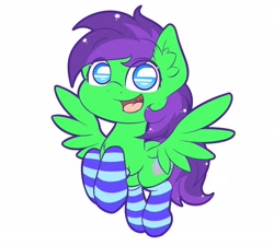 Size: 1920x1725 | Tagged: safe, artist:phoenixrk49, oc, oc only, pegasus, pony, clothes, eye clipping through hair, feathered wings, looking at you, male, open mouth, open smile, pegasus wings, simple background, smiling, smiling at you, socks, solo, spread wings, stallion, striped socks, white background, wings