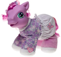 Size: 500x471 | Tagged: safe, petal dove, earth pony, pony, g3, official, baby, baby pony, clothes, cute, diaper, electronic toy, female, filly, foal, g3 petalbetes, heart, hoof heart, pajamas, simple background, smiling, so soft, solo, stock image, toy, white background, wingding eyes