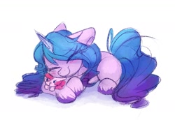 Size: 1752x1202 | Tagged: safe, artist:lbrcloud, izzy moonbow, pinkie pie, pony, unicorn, g5, blushing, cute, eyes closed, female, floppy ears, izzybetes, lying down, mare, pinkie pie plushie, plushie, prone, simple background, solo, unshorn fetlocks, weapons-grade cute, white background