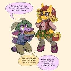 Size: 886x886 | Tagged: safe, artist:mermaxthegoat572, oc, oc only, oc:merkin, oc:π, goat, pony, semi-anthro, arm hooves, clothes, comic, dialogue, duo, food, glasses, leggings, pi, pie, plaid skirt, shoes, skirt, speech bubble