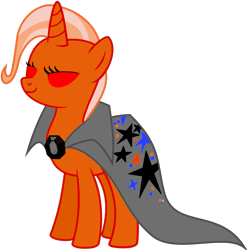 Size: 1279x1296 | Tagged: safe, artist:azooz2662, trixie, pony, unicorn, g4, brooch, cape, clothes, dark, female, full body, hooves, horn, jewelry, lidded eyes, mare, recolor, red eyes, simple background, smiling, solo, standing, transparent background, trixie's brooch, trixie's cape