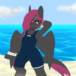 Size: 3000x3000 | Tagged: safe, artist:xcinnamon-twistx, oc, oc:cherry bomb, pegasus, semi-anthro, arm behind head, arm hooves, beach, clothes, cute, fangs, goggles, high res, one-piece swimsuit, smiling, solo, swimsuit, water