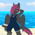 Size: 3000x3000 | Tagged: safe, artist:xcinnamon-twistx, oc, oc:cherry bomb, pegasus, semi-anthro, arm behind head, arm hooves, beach, clothes, cute, fangs, goggles, high res, one-piece swimsuit, smiling, solo, swimsuit, water