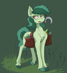 Size: 1909x2099 | Tagged: safe, artist:paskanaakka, derpibooru exclusive, oc, oc only, oc:bittergreen, earth pony, pony, bag, chest fluff, colored hooves, ear fluff, female, mare, mouth hold, not wallflower blush, saddle bag, sickle, solo, unshorn fetlocks