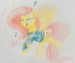 Size: 1280x1069 | Tagged: safe, artist:kluzart, fluttershy, pony, g4, music notes, ponytones outfit, solo, traditional art