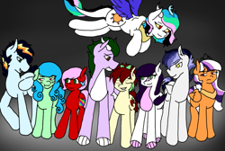 Size: 1009x679 | Tagged: safe, artist:howlforlife, oc, oc only, oc:apple dumpling, oc:blossom, oc:bolt, oc:dawn, oc:garnet, oc:hope, oc:pearl, oc:storm chaser, oc:tootsie, dracony, earth pony, hybrid, pegasus, pony, draconequus hybrid, interspecies offspring, next generation, offspring, parent:applejack, parent:big macintosh, parent:caramel, parent:cheese sandwich, parent:discord, parent:flash sentry, parent:fluttershy, parent:pinkie pie, parent:princess celestia, parent:rainbow dash, parent:rarity, parent:soarin', parent:spike, parent:twilight sparkle, parents:carajack, parents:cheesepie, parents:dislestia, parents:flashlight, parents:fluttermac, parents:soarindash, parents:sparity