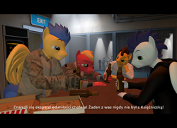 Size: 1920x1388 | Tagged: safe, artist:that1guy, big macintosh, cheese sandwich, flash sentry, soarin', earth pony, pegasus, anthro, g4, 3d, alcohol, beer, dialogue, drunk, food, group, guys night, hangover, male, pizza, polish, source filmmaker, stallion, subtitles, witcher