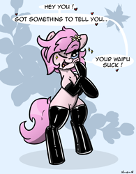 Size: 1112x1426 | Tagged: safe, artist:n-o-n, oc, oc only, oc:kayla, earth pony, pony, bipedal, blushing, clothes, dialogue, eyebrows, eyebrows visible through hair, female, flower, gloves, grammar error, heart, latex, latex gloves, latex socks, looking at you, mare, one eye closed, open mouth, open smile, smiling, smiling at you, socks, solo, talking to viewer, trade, waifu, wink