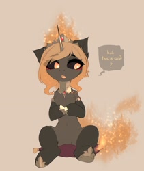 Size: 2443x2894 | Tagged: safe, artist:magnaluna, princess luna, pony, alternate universe, beige background, black sclera, burning, chest fluff, ear fluff, female, fire, full body, hooves together, mane of fire, mare, simple background, sitting, solo