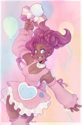 Size: 619x942 | Tagged: safe, artist:mahona9, pinkie pie, human, g4, accessories, arm warmers, bow, breasts, bust, busty pinkie pie, clothes, dark skin, detailed background, ear piercing, earring, eyebrows, female, happy, heart, humanized, jewelry, looking at something, magic wand, magical girl, open mouth, outfit, piercing, ribbon, soft, solo, stockings, thick, thigh highs, wand