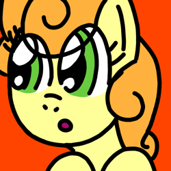 Size: 768x768 | Tagged: safe, artist:danielthebrony57, carrot top, golden harvest, earth pony, pony, g4, :o, background pony, cute, cutie top, danielthebrony57's looking up ponies, female, hooves, looking up, mare, meme, o, o mouth, open mouth, orange background, simple background, solo