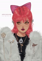 Size: 1640x2360 | Tagged: safe, artist:chenchuanerandrew, apple bloom, human, g4, apple bloom's bow, bow, clothes, coat, ear piercing, earring, eyeshadow, female, freckles, fur coat, hair bow, humanized, jewelry, lip piercing, lipstick, makeup, necklace, older, older apple bloom, piercing, simple background, solo, sweater, white background