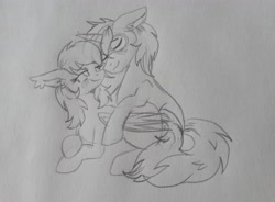 Size: 3456x2547 | Tagged: safe, artist:dreamy990, oc, oc only, oc:midnight moon, oc:shadow twinkle, bat pony, pony, unicorn, blushing, cuddling, duo, floppy ears, glasses, high res, round glasses, traditional art