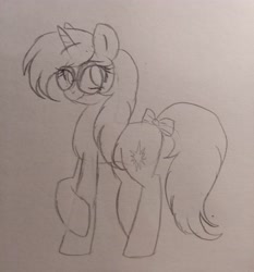 Size: 3456x3706 | Tagged: safe, artist:dreamy990, oc, oc only, oc:shadow twinkle, pony, unicorn, bow, female, glasses, high res, mare, round glasses, solo, tail, tail bow, traditional art