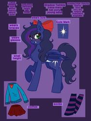 Size: 3456x4608 | Tagged: safe, artist:dreamy990, oc, oc only, oc:shadow twinkle, bat pony, pony, bow, chest fluff, clothes, female, freckles, glasses, hair bow, heterochromia, mare, reference sheet, round glasses, socks, solo, striped socks, thigh highs