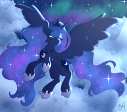 Size: 1600x1401 | Tagged: safe, artist:marietably, princess luna, alicorn, pony, cloud, ethereal mane, female, flying, mare, night, sky, solo, spread wings, starry mane, starry night, stars, wings