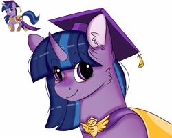 Size: 2500x2000 | Tagged: safe, artist:valkiria, twilight twinkle, pony, unicorn, alternate design, alternate hairstyle, cape, clothes, concept art, cute, female, graduation cap, hat, high res, mare, simple background, solo, unicorn twilight, white background