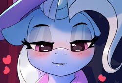 Size: 610x412 | Tagged: safe, artist:pabbley, trixie, pony, unicorn, art pack:teats for tat, g4, advertisement, bedroom eyes, blushing, cropped porn, female, floppy ears, heart, lidded eyes, lip bite, looking at you, mare, smiling, solo