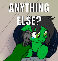 Size: 1200x1279 | Tagged: safe, artist:pony quarantine, oc, oc:anon, oc:filly anon, pony, crying, dirty, female, filly, interview, looking down, microphone, question, sad, teary eyes, text, trash can