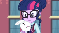 Size: 3410x1920 | Tagged: safe, screencap, angel bunny, sci-twi, twilight sparkle, rabbit, equestria girls, g4, my little pony equestria girls: friendship games, angelbetes, animal, canterlot high, cute, duo, eyes closed, female, glasses, high res, magic capture device, male, smiling