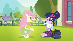 Size: 3410x1920 | Tagged: safe, screencap, angel bunny, fluttershy, sci-twi, twilight sparkle, rabbit, equestria girls, g4, my little pony equestria girls: friendship games, angelbetes, animal, backpack, bare shoulders, boots, canterlot high, clothes, cute, cutie mark on clothes, eyes closed, female, glasses, hairpin, high res, hug, male, shoes, sleeveless, smiling, tank top, trio