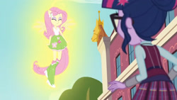 Size: 3410x1920 | Tagged: safe, screencap, fluttershy, sci-twi, twilight sparkle, equestria girls, g4, my little pony equestria girls: friendship games, bare shoulders, boots, canterlot high, clothes, cute, cutie mark on clothes, duo, duo female, eyes closed, female, glasses, hairpin, high res, ponied up, shoes, shyabetes, sleeveless, smiling, spread wings, tank top, wings