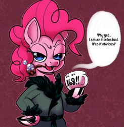 Size: 1960x2000 | Tagged: safe, artist:swagstapiece, pinkie pie, earth pony, pony, g4, abstract background, bubble pipe, clothes, cup, female, hoof hold, iq, mare, open mouth, pipe, robe, solo, speech bubble, talking to viewer, teacup, unshorn fetlocks