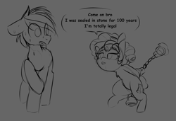 Size: 1252x856 | Tagged: safe, artist:lockheart, cozy glow, pegasus, pony, g4, bedroom eyes, bipedal, cuffs, dialogue, duo, female, filly, flirting, floppy ears, foal, handcuffed, looking at each other, looking at someone, male, nervous, open mouth, raised hoof, restrained, seems legit, sketch, speech bubble, stallion, sweat