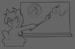 Size: 1470x962 | Tagged: safe, artist:lockheart, applejack, earth pony, pony, g4, apple, chalkboard, desk, female, food, grayscale, mare, monochrome, open mouth, pointer, sketch, solo, teacher, watermelon