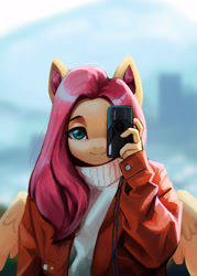 Size: 2075x2902 | Tagged: safe, artist:mrscroup, fluttershy, pegasus, anthro, g4, camera, clothes, colored ear fluff, cute, ear fluff, female, high res, jacket, looking at you, mare, one eye covered, shyabetes, smiling, solo, spread wings, sweater, sweatershy, wings