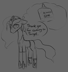 Size: 1110x1176 | Tagged: safe, artist:lockheart, princess luna, alicorn, pony, g4, clothes, depressed, dialogue, female, floppy ears, floppy horn, glue, gray background, grayscale, horn, jewelry, mare, monochrome, pants, peytral, regalia, sad, shirt, simple background, sketch, solo, speech bubble, target (store), thought bubble