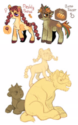 Size: 1280x2048 | Tagged: safe, artist:mylittlegami, donut joe, oc, oc:burnt toast, oc:freshyly baked, earth pony, pony, unicorn, g4, brother and sister, colt, father and child, female, filly, foal, male, offspring, parent:donut joe, siblings, simple background, stallion, white background